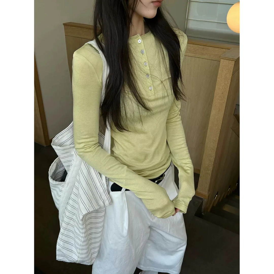 春季2025新款薄款休闲松弛感贝壳扣打底衫防晒长袖T恤打底衫