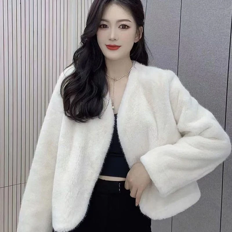 人造皮草 高贵女士外套小香风v领时尚小个子短款外穿秋冬款上衣