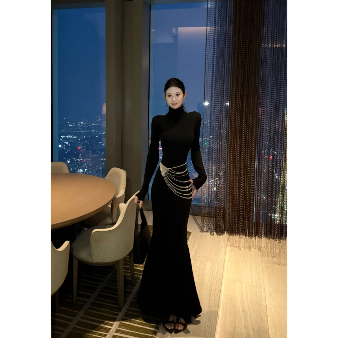 (磨毛款）步步生莲高领气质款长裙显瘦修身包臀鱼尾裙女