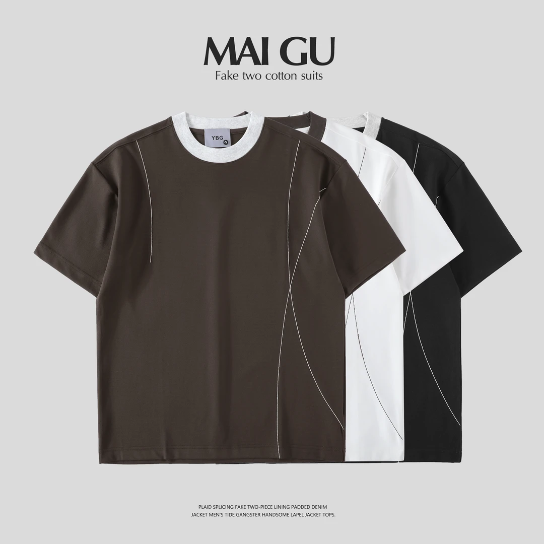 【W959】男士夏季重磅冰感棉短袖T恤缝合明线设计撞色领口圆领上衣