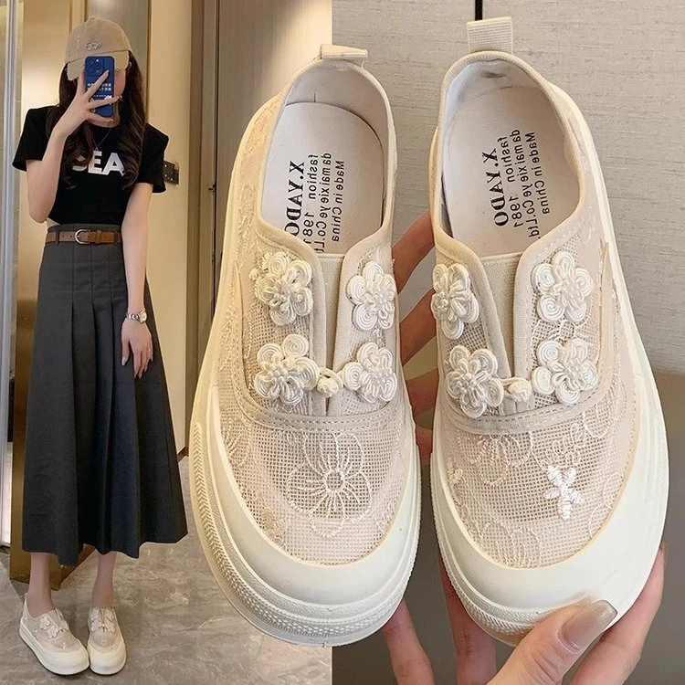 百搭厚底女鞋橡胶单鞋低跟松糕底圆头深口网布法式风格2024秋季一