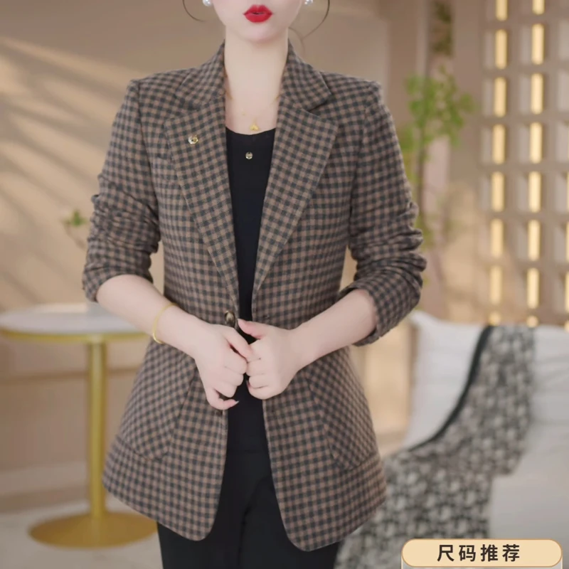 西装外套女2025年早秋气质修身新款韩版翻领两粒扣休闲格子小西服