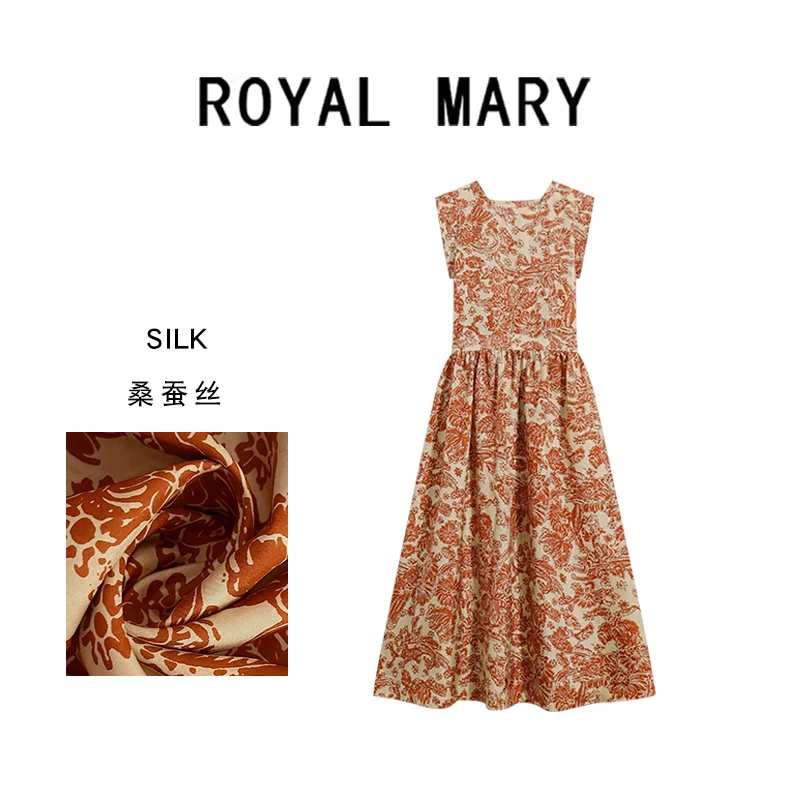 ROYAL MARY老钱风花卉印花双裹腰设计双宮桑蚕丝无袖连衣裙WJ467