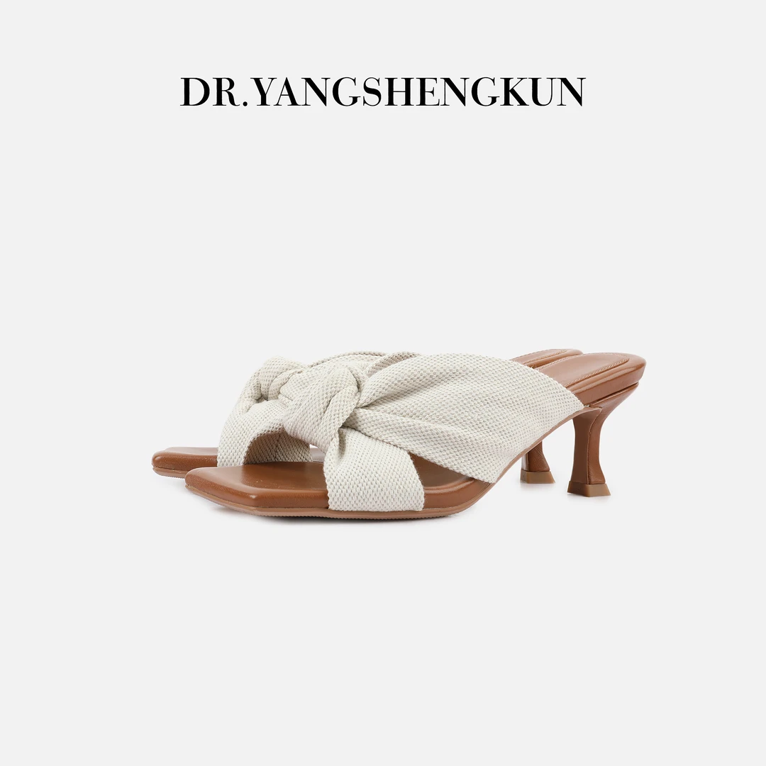 杨圣坤2025夏季新品女士法式中高跟一字拖方头蝴蝶结拖鞋X2561164