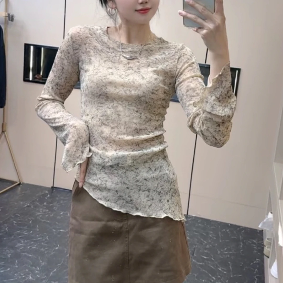 碎花纯欲风不规则设计T恤秋季耐脏长袖美拉德风秋季新款洋气百搭