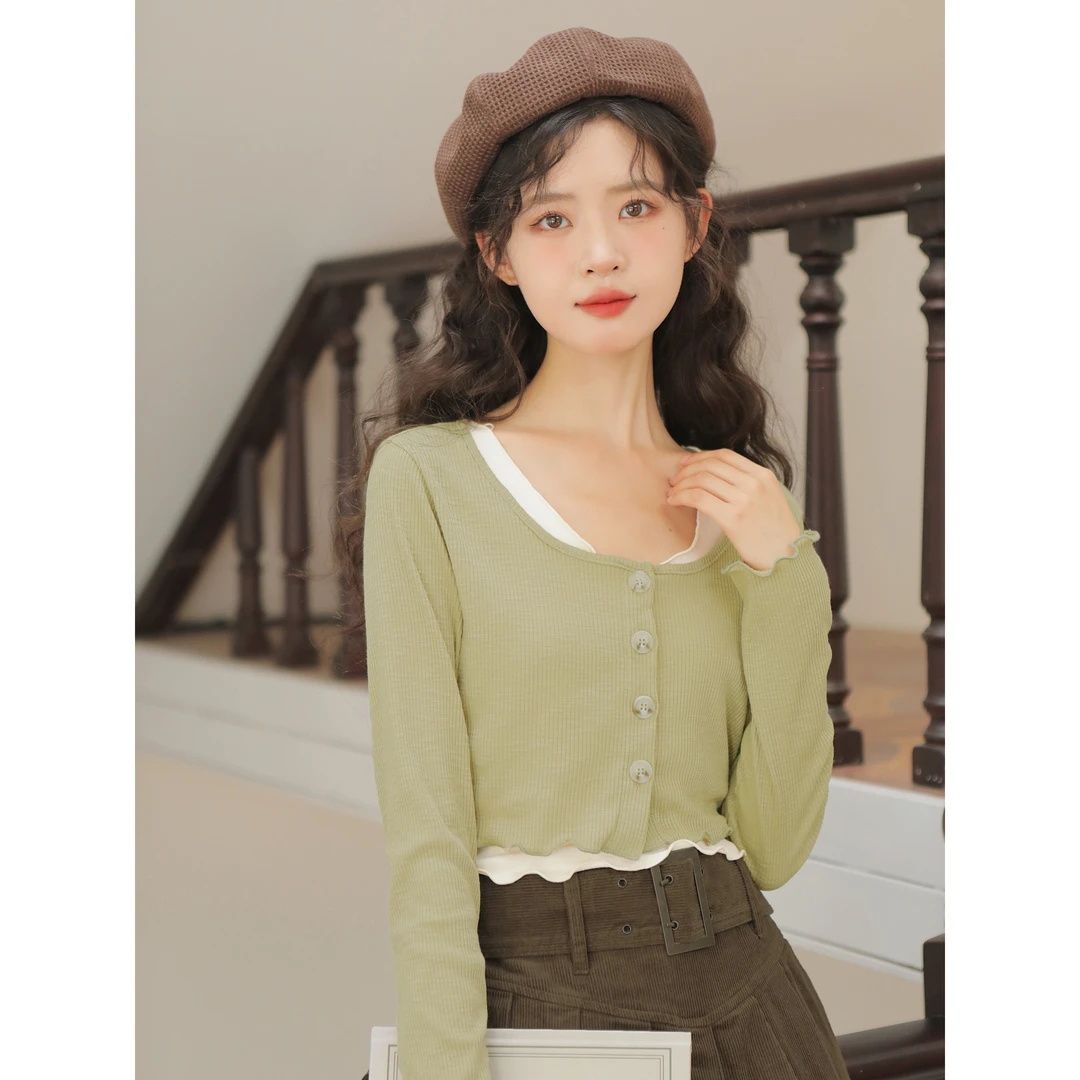 玲玖2022新款撞色开衫上衣外穿设计感小众小个子针织衫秋冬装