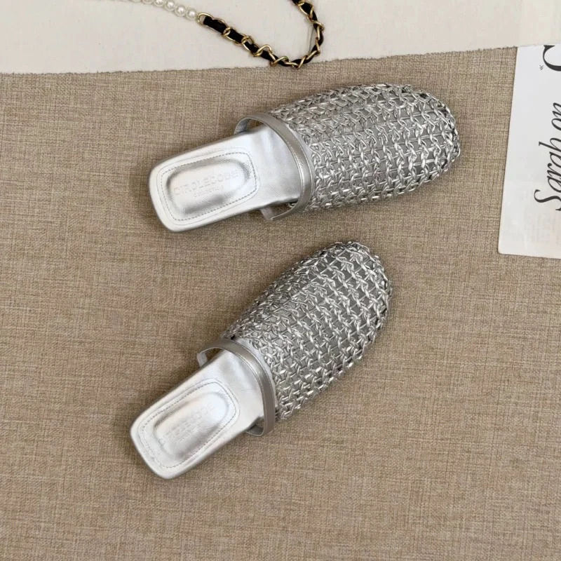 【唯品专属】a389，镂空防滑网头拖包头编织日常半拖软底766-1