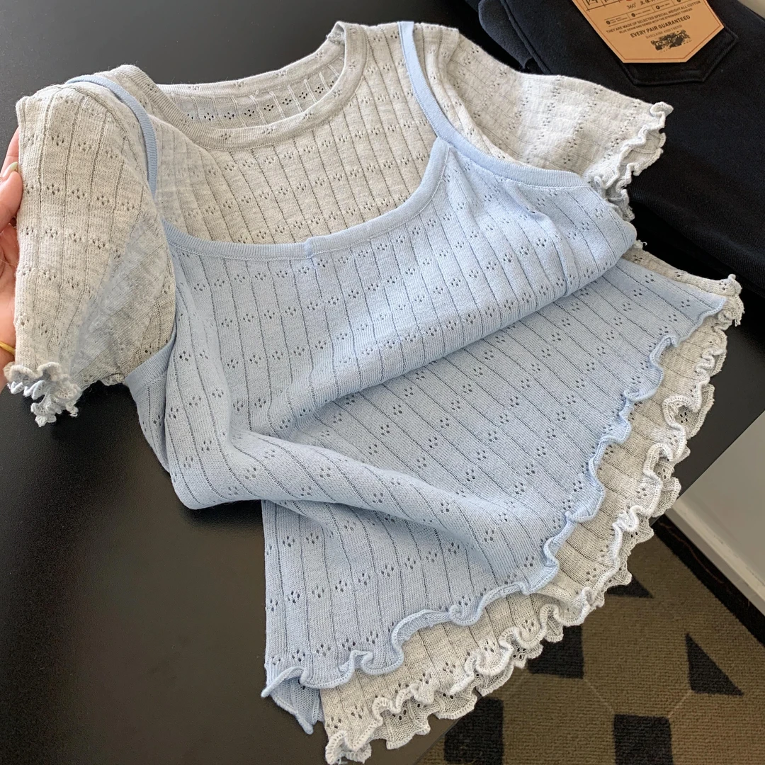 韩系慵懒风针织花边吊带背心女2025夏季新款短袖t恤上衣叠穿套装