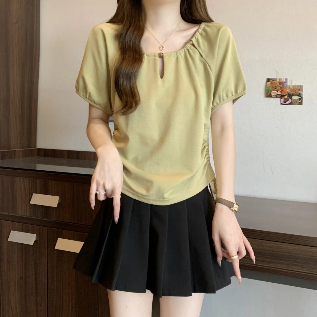 2025夏季新款胖mm遮肉镂空宽松大码上衣泡泡袖洋气正肩短袖T恤女