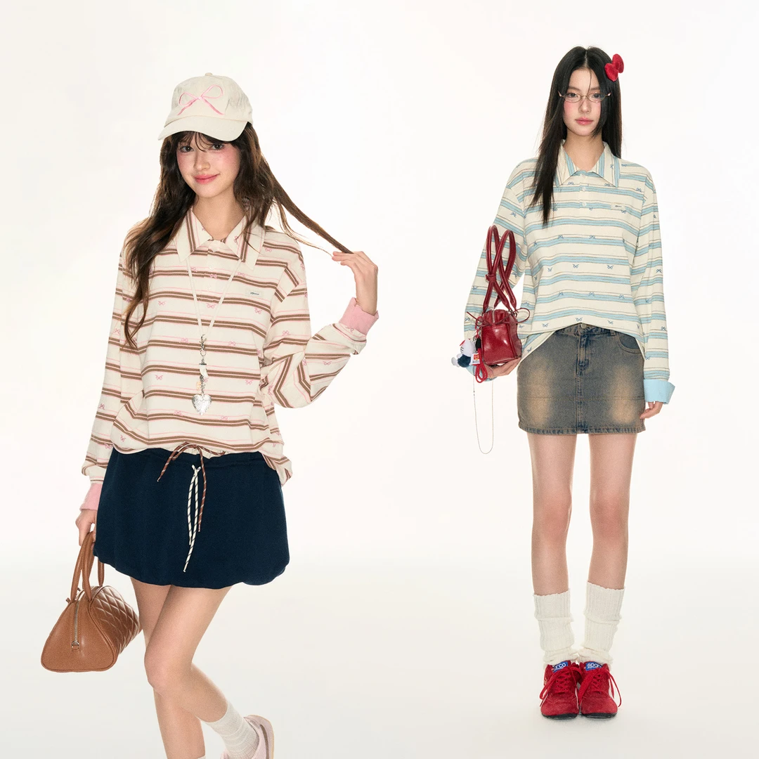 FPMZ条纹蝴蝶结满印polo领长袖卫衣假两件撞色袖口学院风T恤上衣