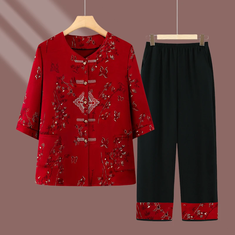 中老年女装妈妈装衬衫两件套夏装奶奶装夏季唐装喜庆套装老人衣服