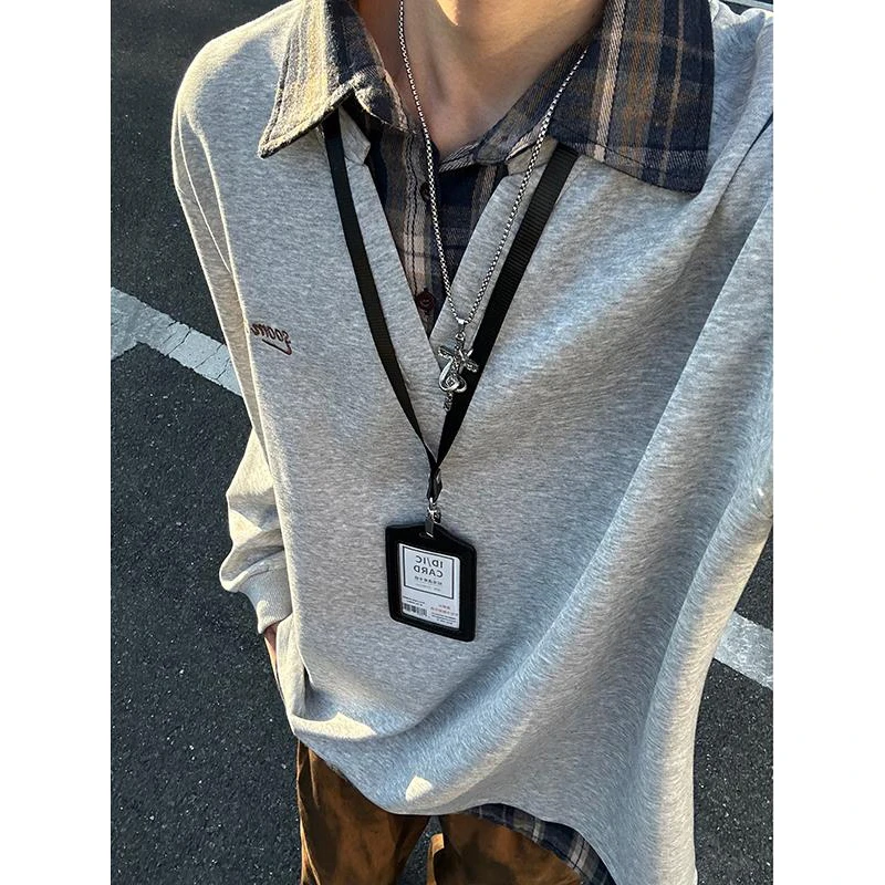 格子拼接假两件衬衫领卫衣男秋季叠穿内搭长袖t恤学院风情侣外套