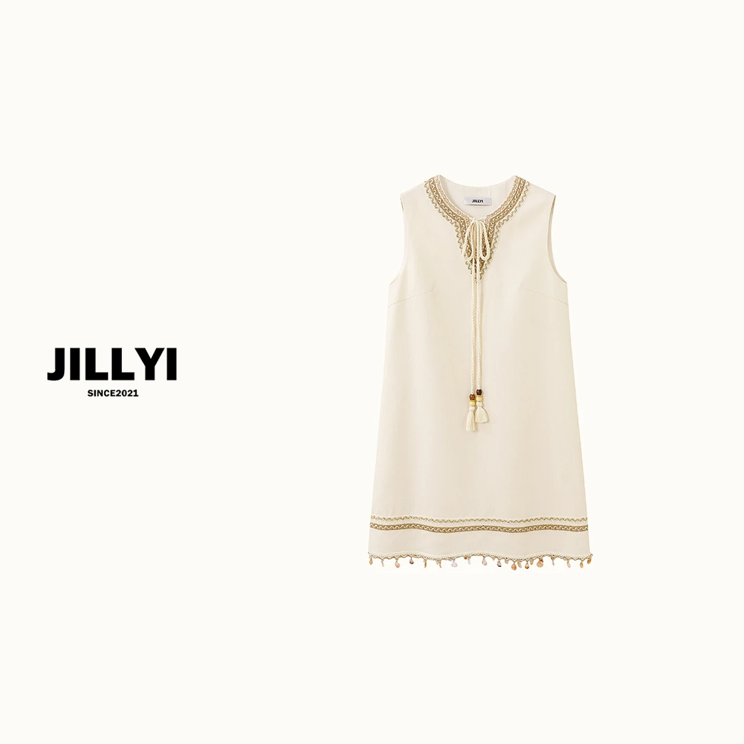 JILLYI珠海店【海岛微风】杏色圆领藏风时尚连衣裙夏季气质简