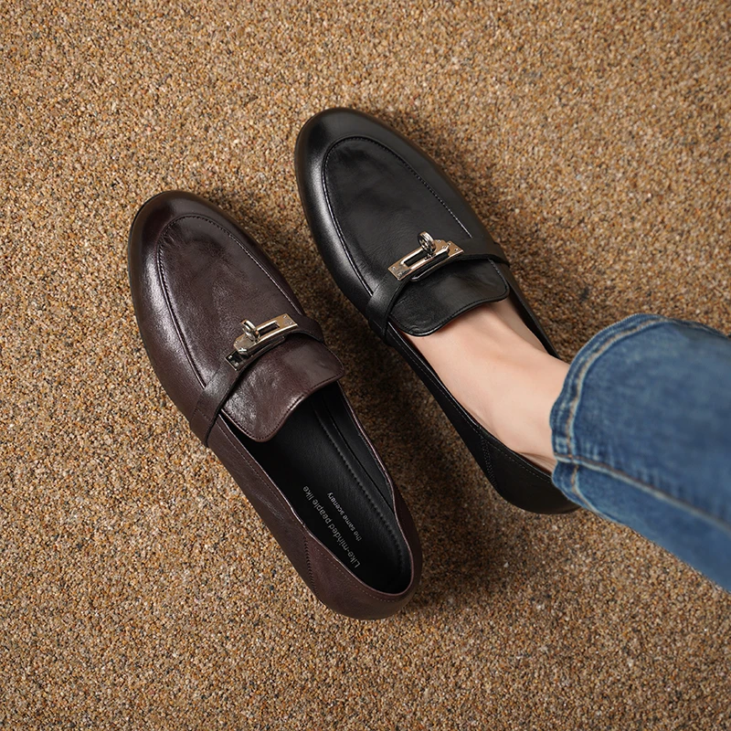 1cm头层水洗牛皮圆头粗跟平底单鞋乐福鞋黑色软底休闲百搭四季鞋