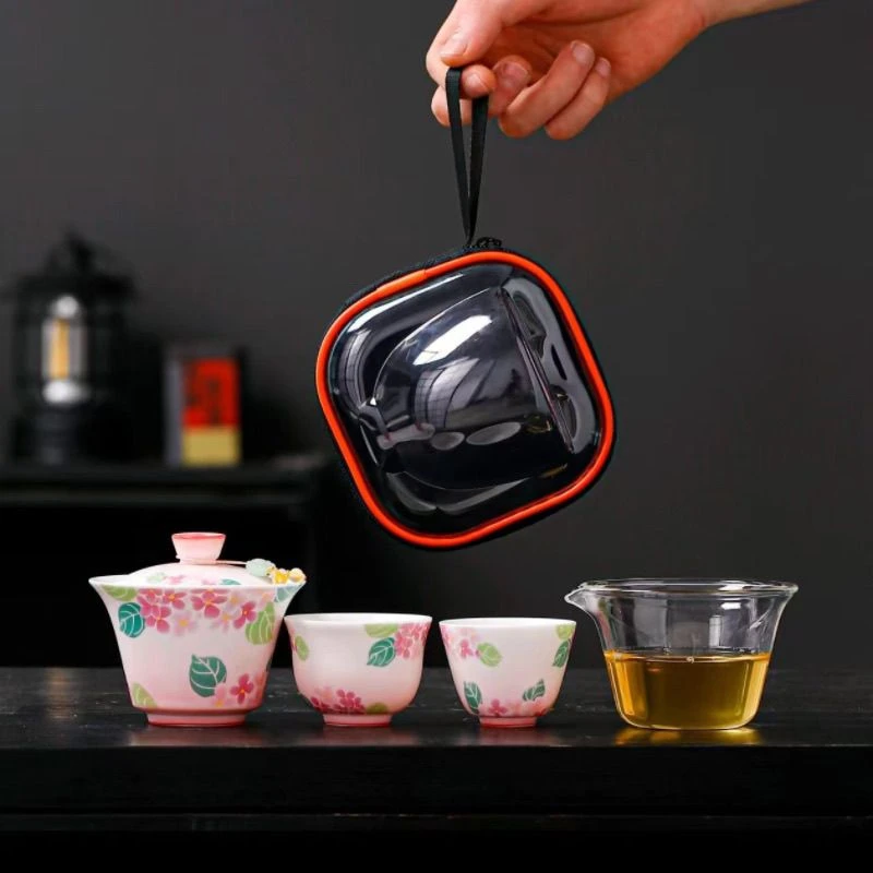 高颜值简易轻奢旅行茶具套装户外便携式快客杯一壶二杯盖碗泡茶杯