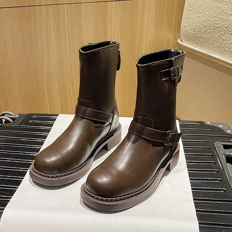 美拉德靴子复古风中筒靴女皮带扣短靴厚底马丁靴瘦瘦靴