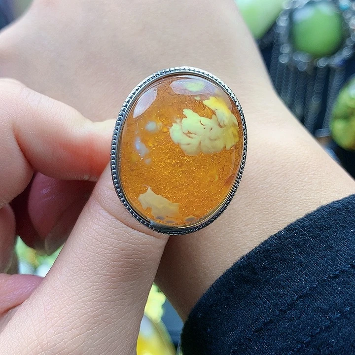 琥珀裸石银S925镶嵌戒指