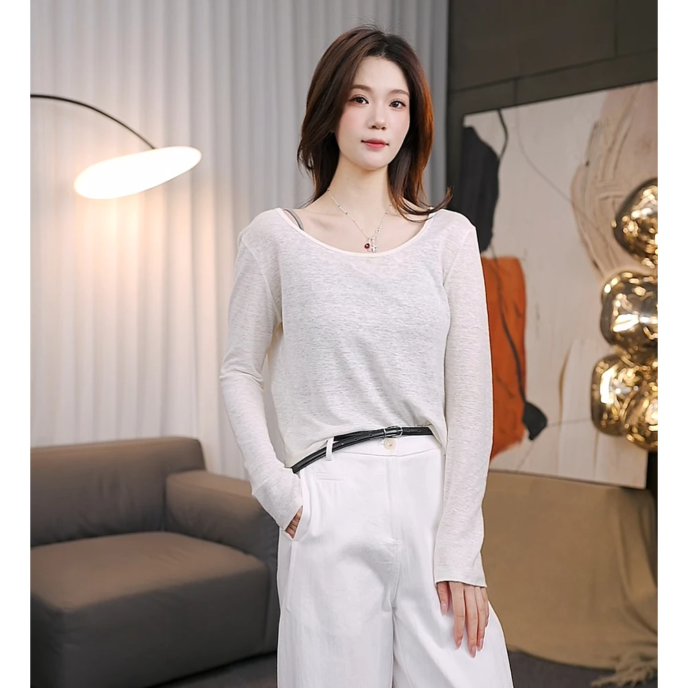 【皓皓】春夏极简薄露透圆领长袖打底1879