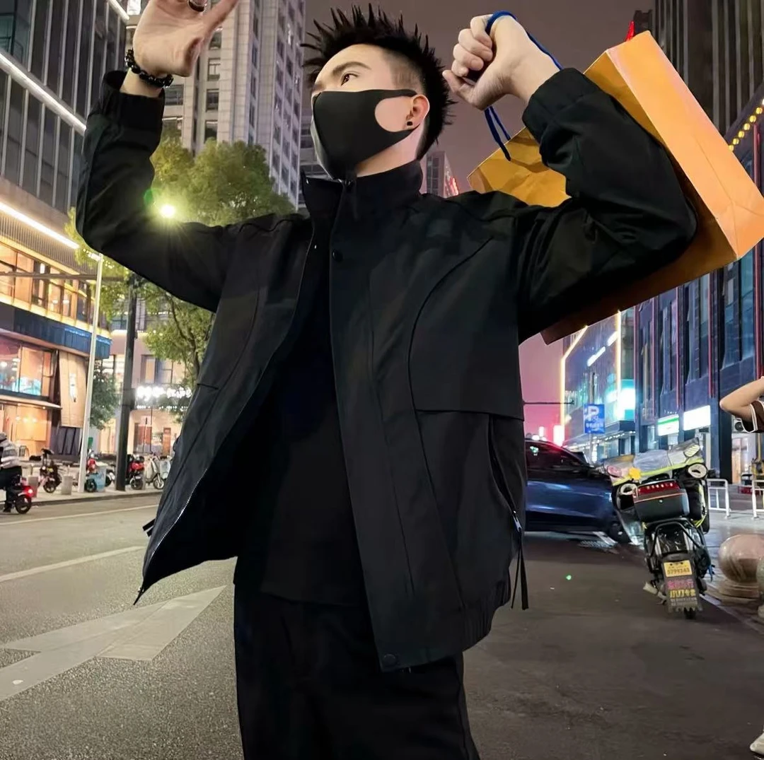 黑色外套男春秋季潮牌痞帅上衣服百搭休闲立领夹克高级感男装褂子