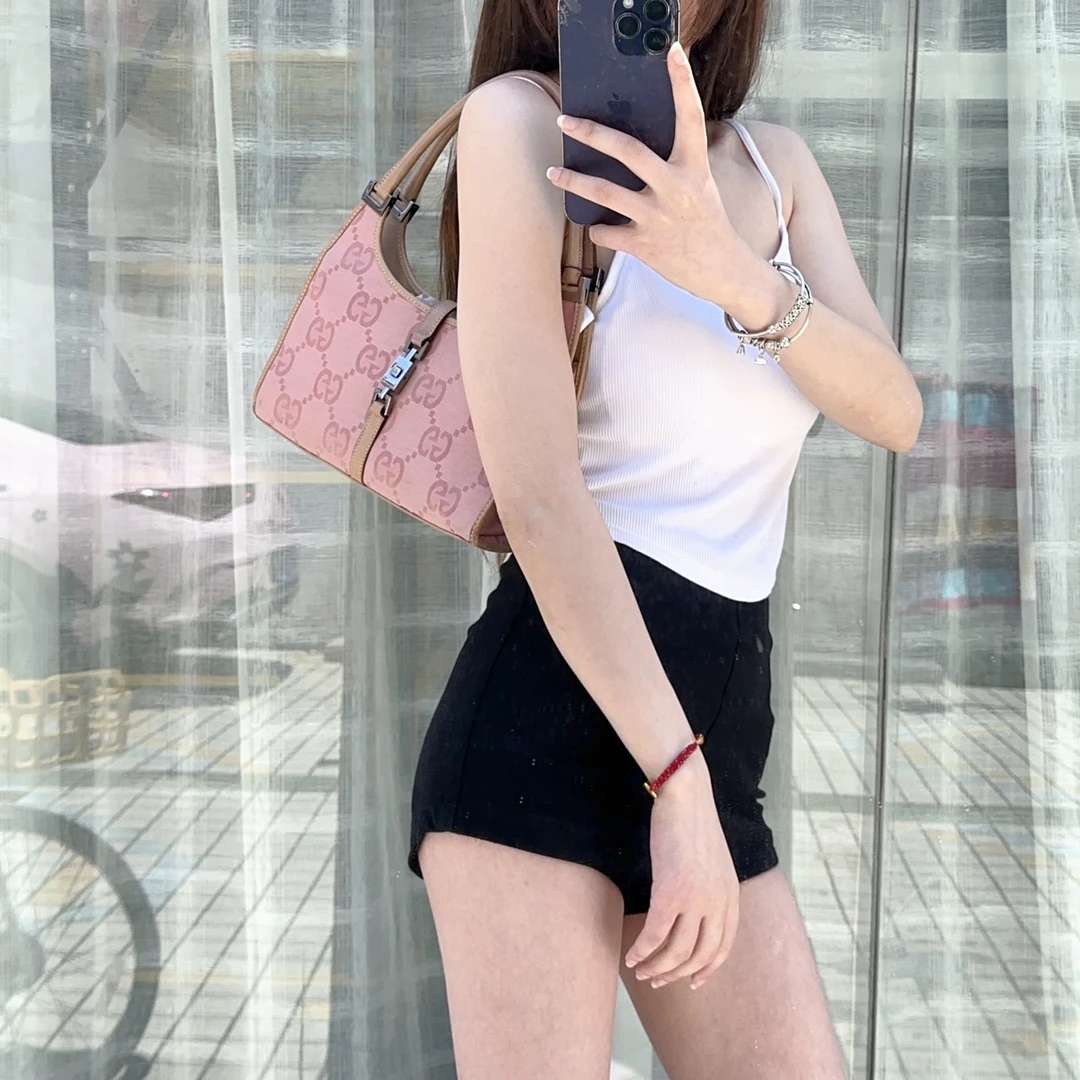 95新 GUCCI/古驰 Jackie系列樱花粉手提单肩包 TH600