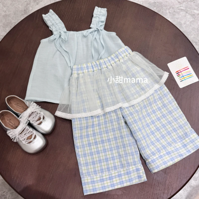 【小甜mama】女童夏款套装女宝宝无袖吊带衫纱边屁帘格子裤两件套