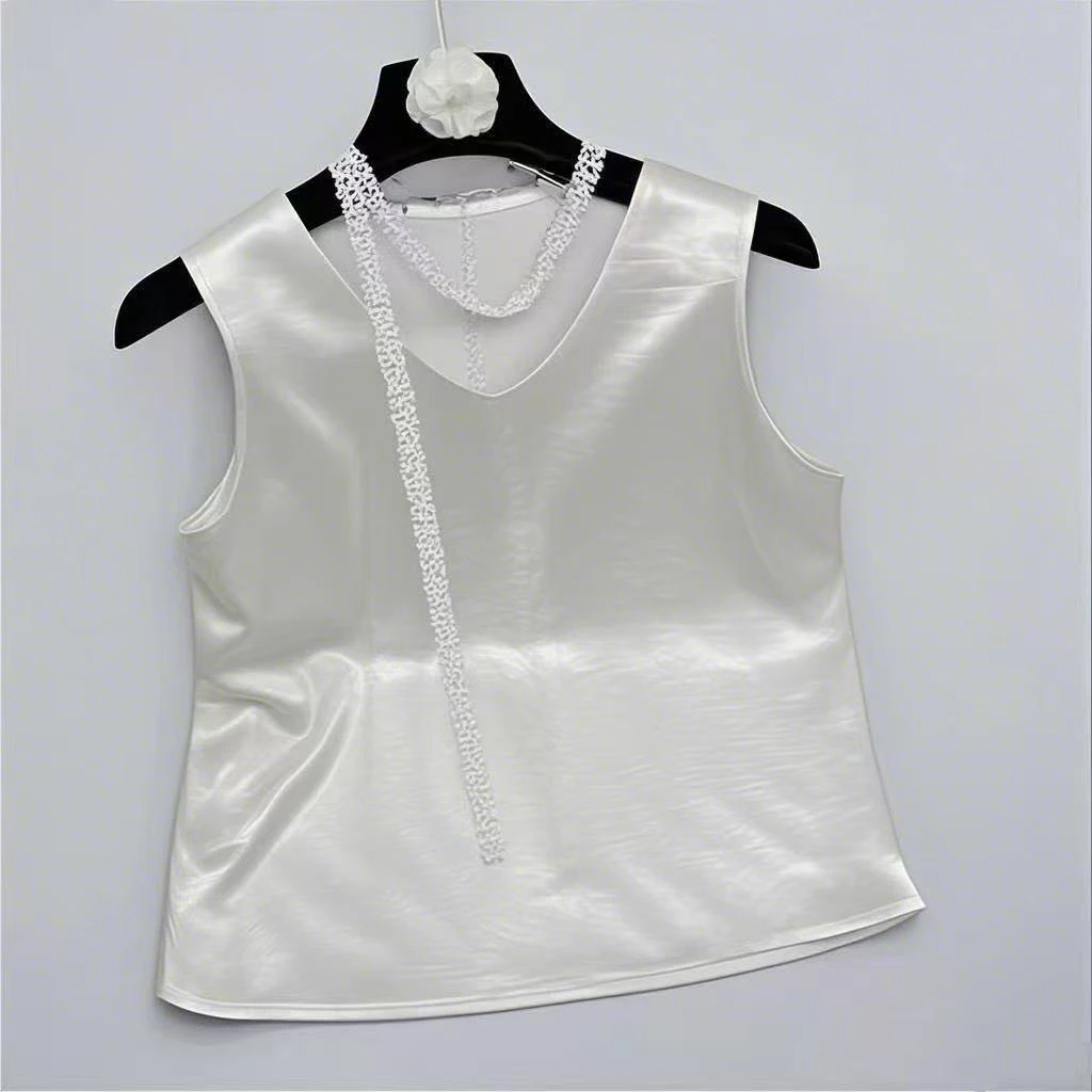 JYX高定v领后背蕾丝竖条辣妹纯色醋酸背心吊带-77