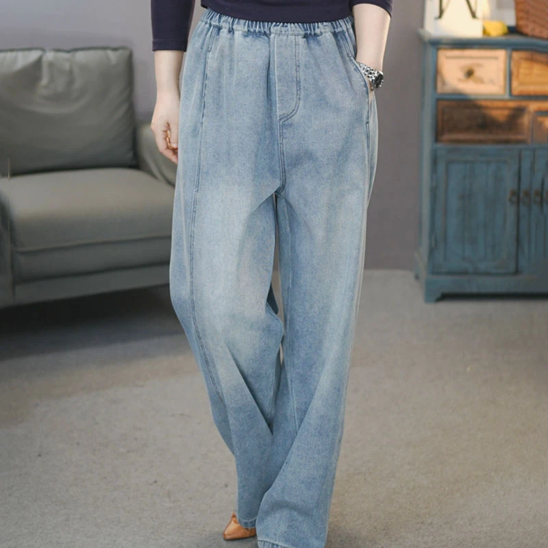 十一6812蓝#2025春季复古显瘦牛仔直筒裤松紧腰时尚拖地梧桐裤