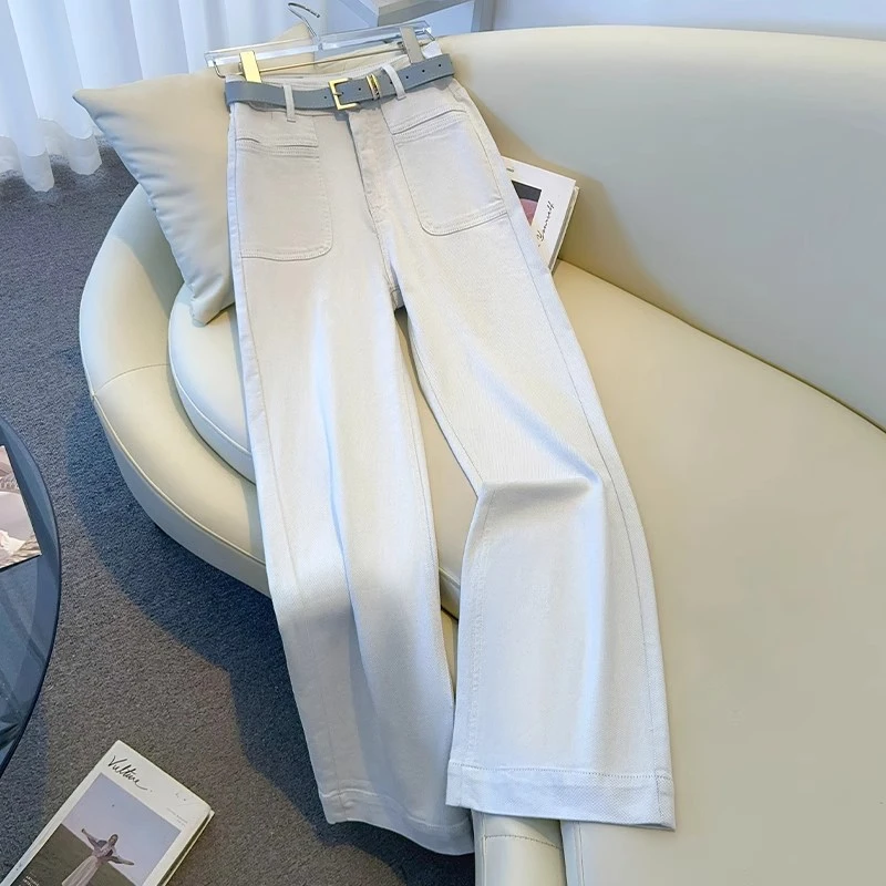 浅灰白色阔腿牛仔裤女2025新款春季爆款裤子窄版直筒裤高腰拖地裤