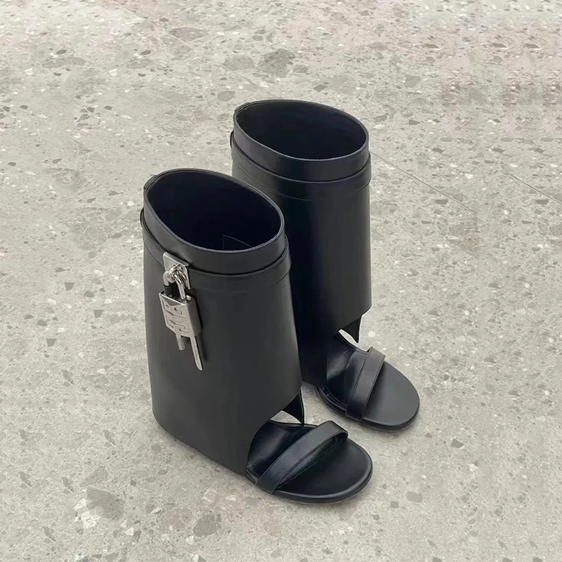 【欧货&高货】小众真皮内增高中筒凉靴女夏日炸街潮酷凉鞋金属锁扣