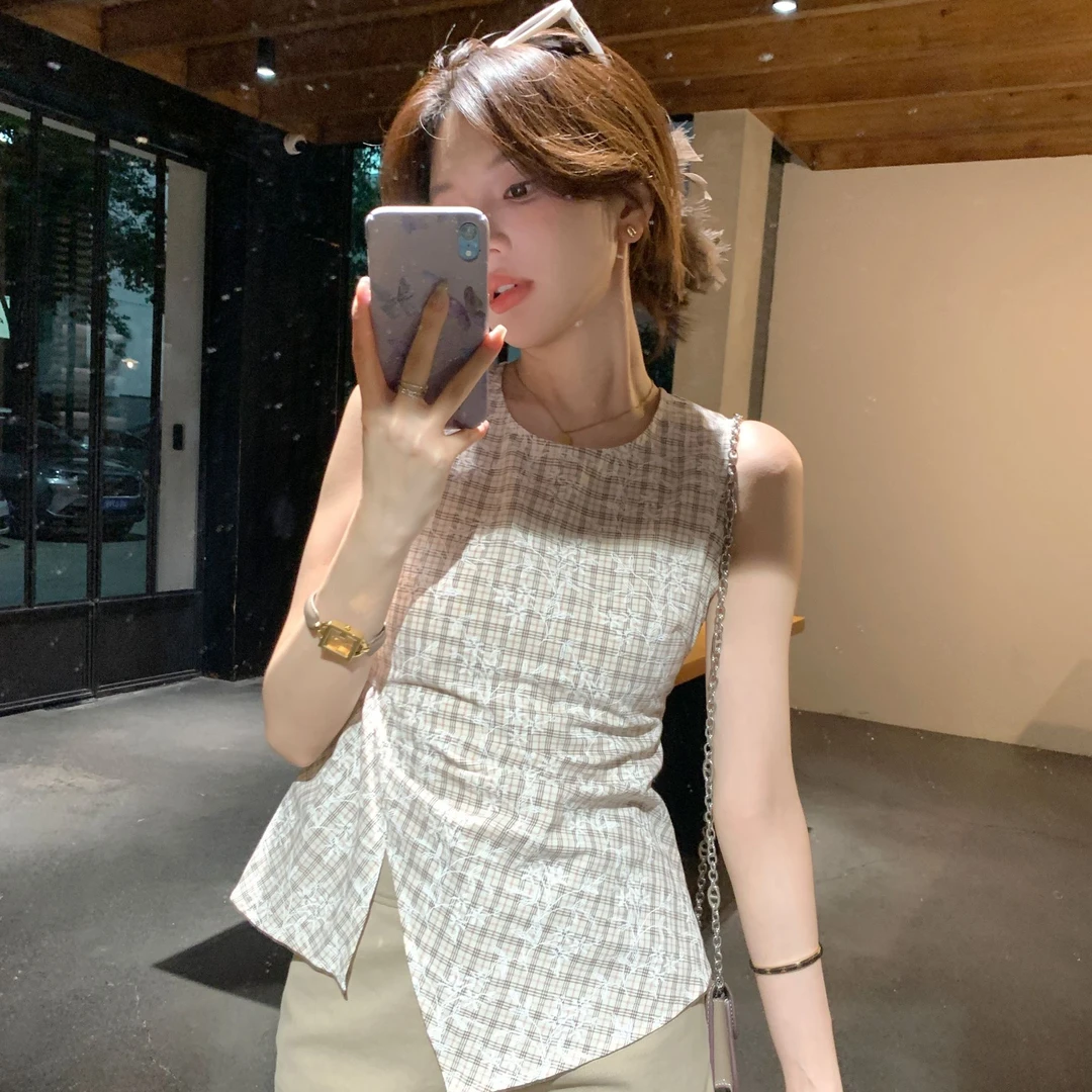 【芝士Cheese】私服中古家 定制刺绣格子小衫棉麻感透气背心衬衫