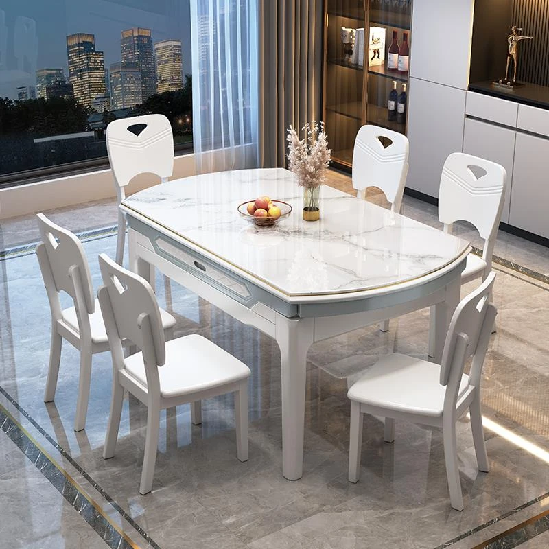 玉晶石餐桌椅组合轻奢简约现代小户型家用实木伸缩可变圆桌新桌子
