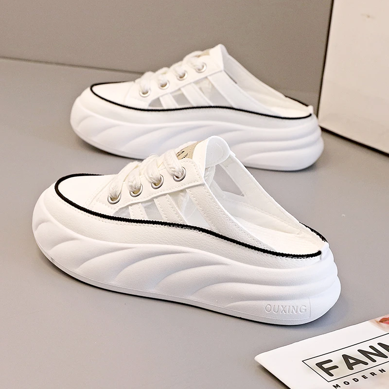 【专柜新品】透气托鞋女韩版2025夏季新款鞋子女百搭镂休闲小白鞋