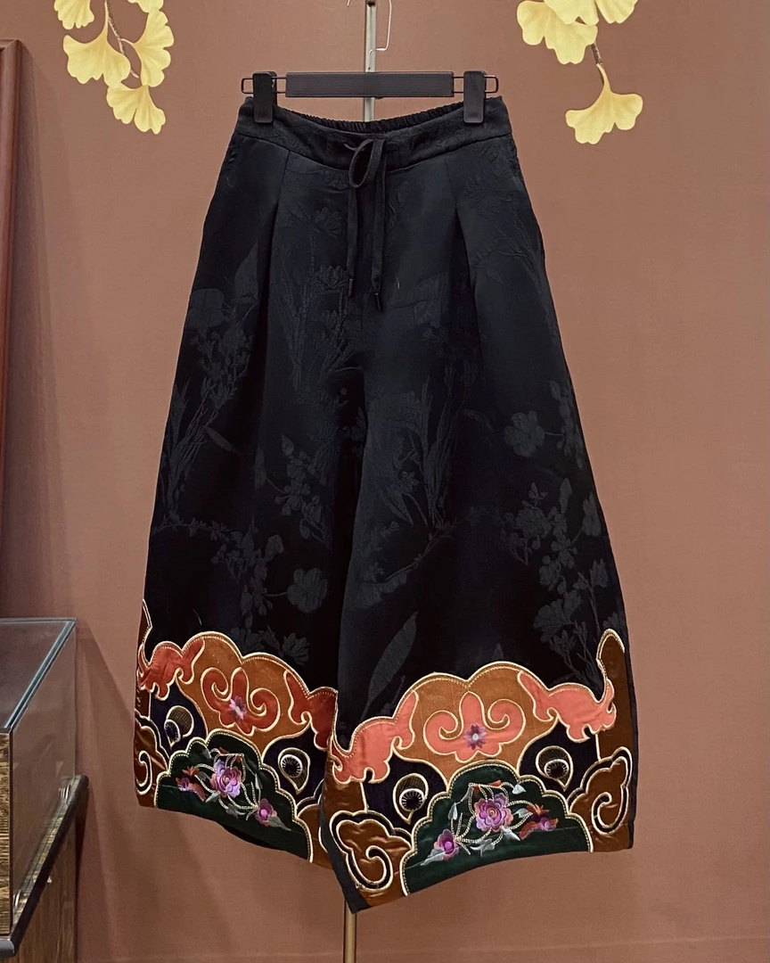 4567冬季新款提花缎民族风刺绣棉裤