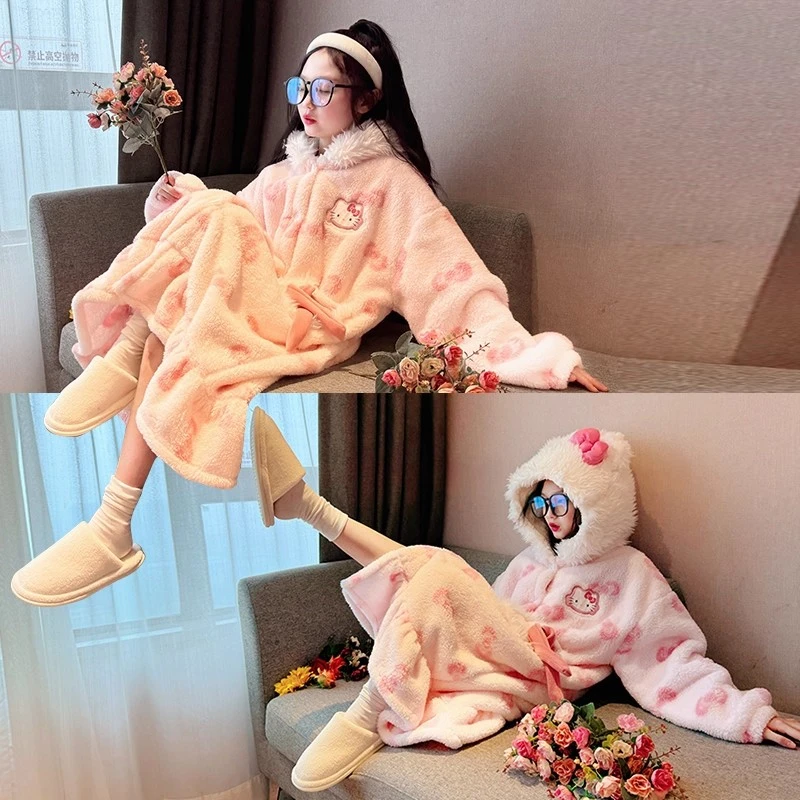 女童珊瑚绒睡袍2025新款初中生少女风爆款家居服儿童秋冬加绒睡衣