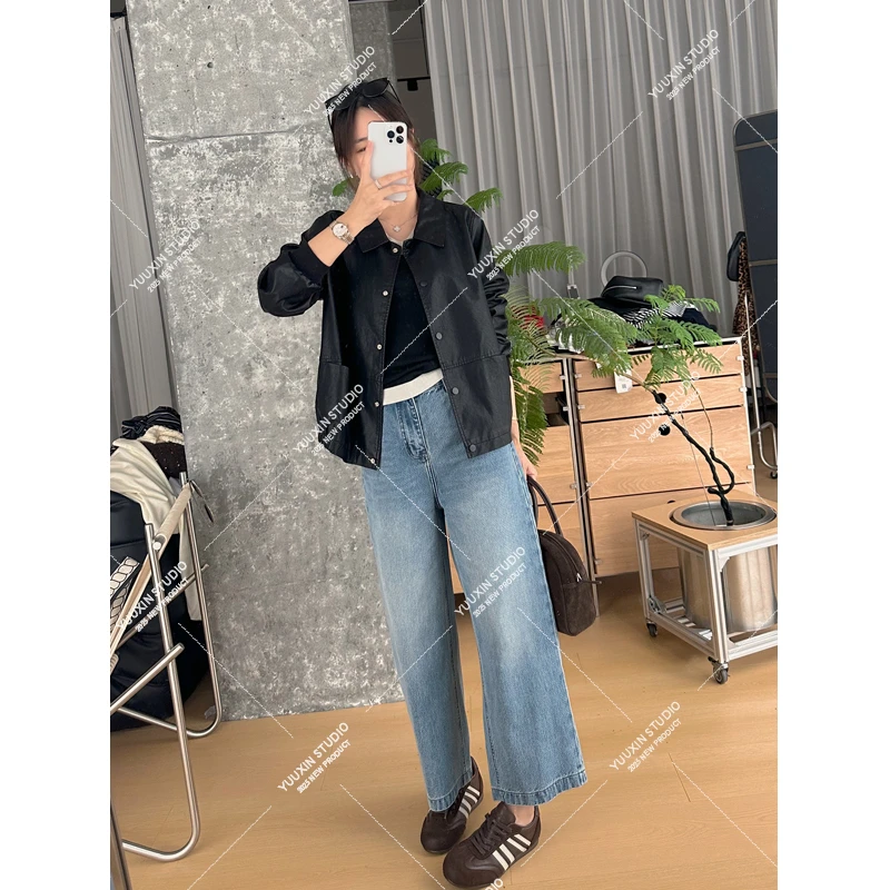 【YUUXIN】曼城旧序~秋季休闲翻领单排扣皮衣长袖蛋白皮宽松短外套