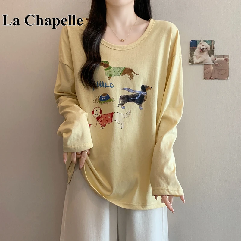 拉夏贝尔腊肠狗正肩长袖T恤女2025早秋新大码胖mm打底衫减龄上衣