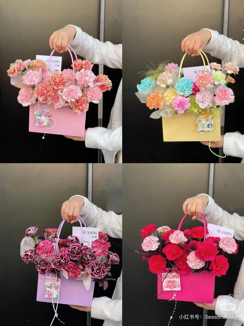 【春野】节日插花马卡龙防水手提袋 牛皮纸纸袋鲜花插花手提花盒