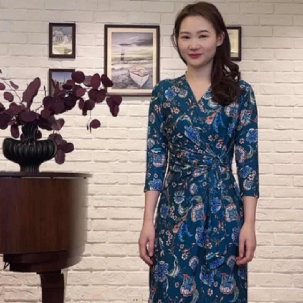 墨绿色印花连衣裙优雅修身包臀系带高腰七分袖长裙