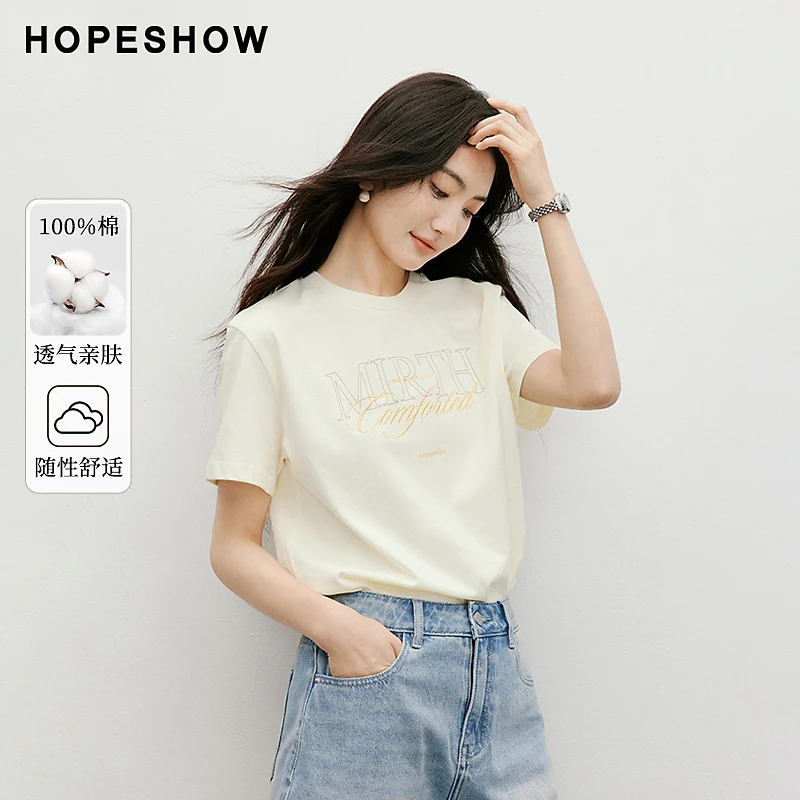 红袖2025夏季新款女装 主题印绣花圆领套头T恤90125190204