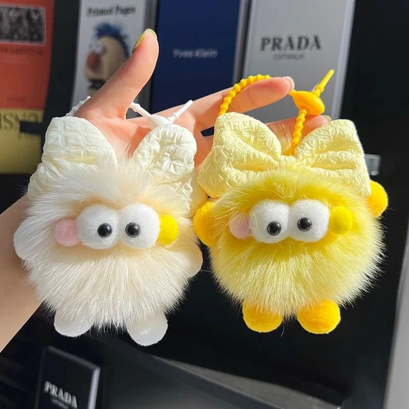 可爱狐狸毛蝴蝶结煤球汽车钥匙扣挂件ins绒球公仔书包包包挂饰
