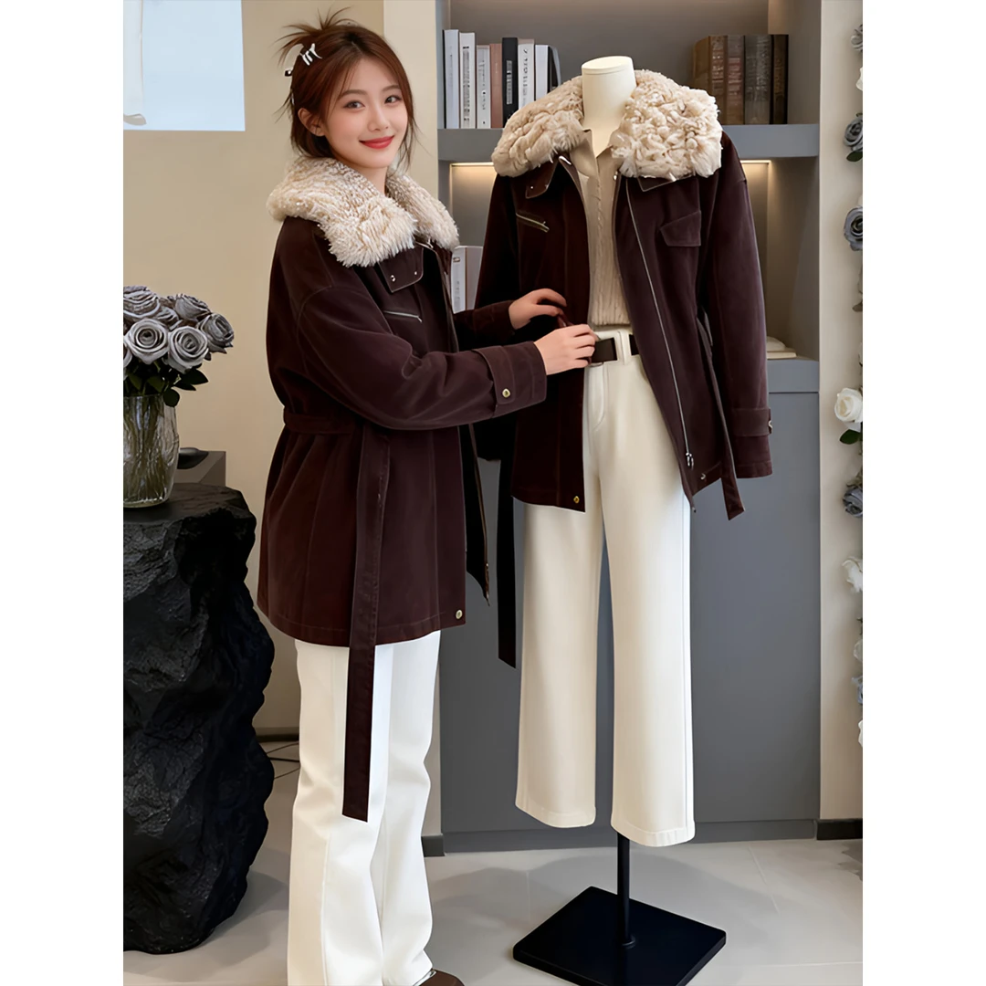美式复古大翻领毛毛拼接外套2025冬季新款设计感宽松保暖短外套