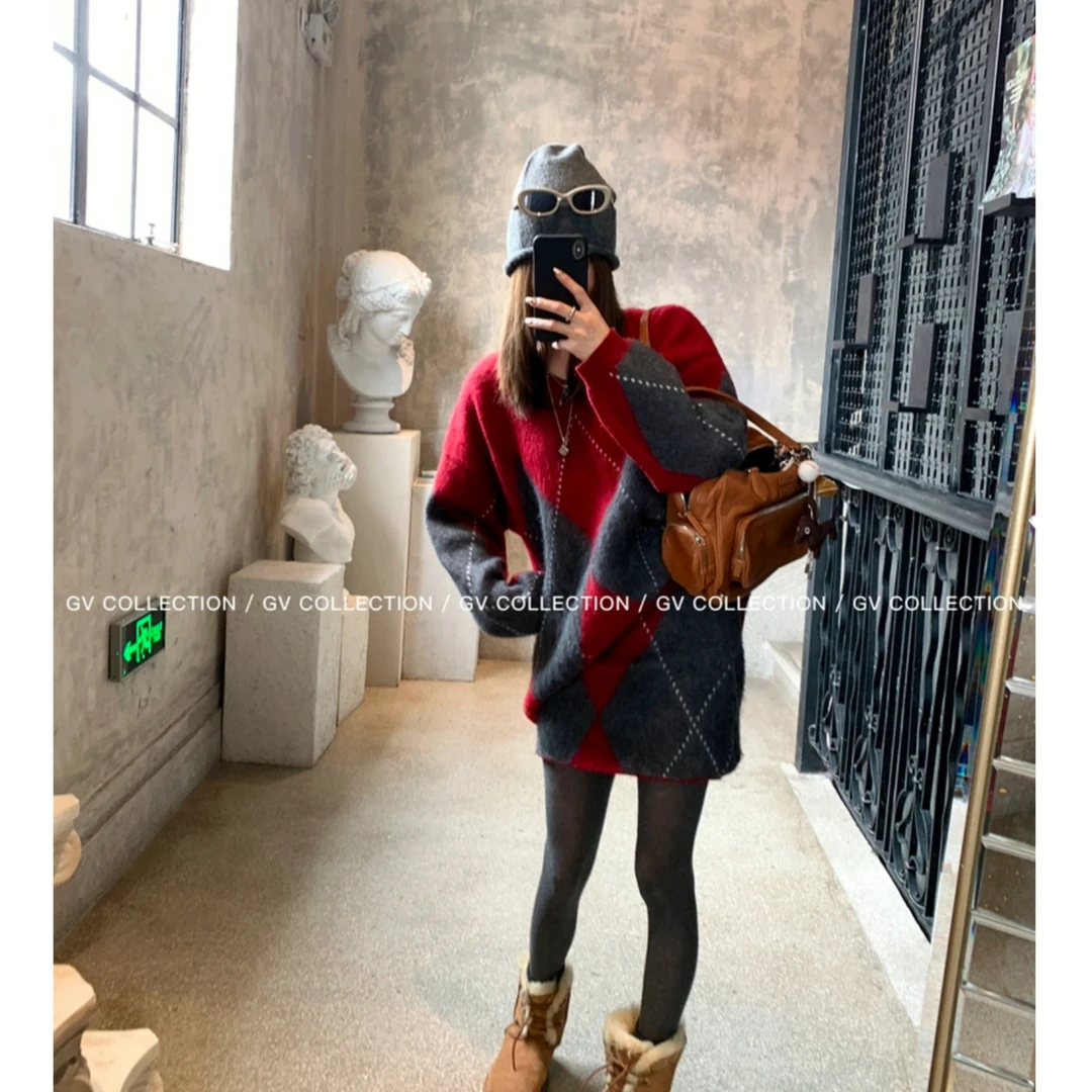 【新年战袍】撞色菱形格红色毛衣套装女秋冬慵懒风针织短裙两件套JN