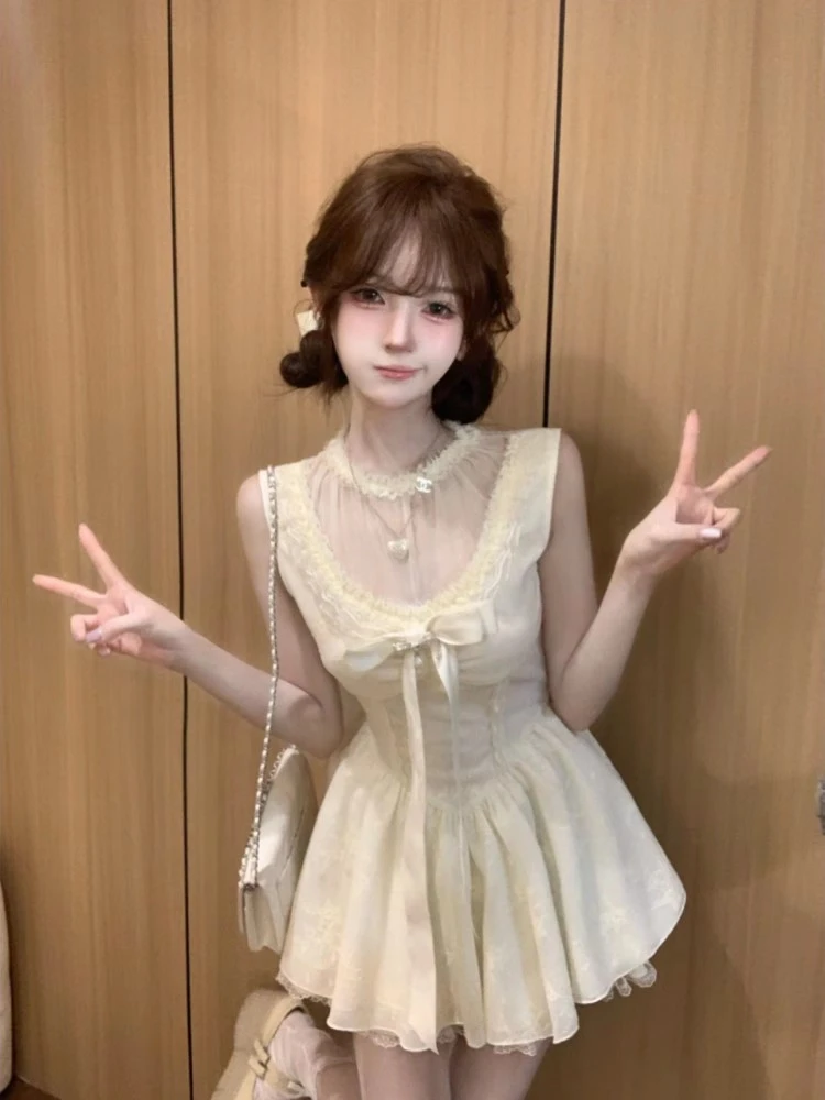 法式纯欲甜美蝴蝶结无袖连衣裙女夏季气质收腰小个子公主蓬蓬短裙