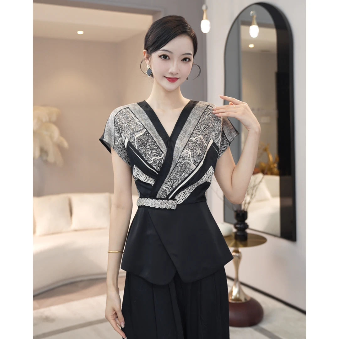 2025年夏季新款【ZM-X935】高级感黑色拼接薄款短袖缎面衬衫上衣女