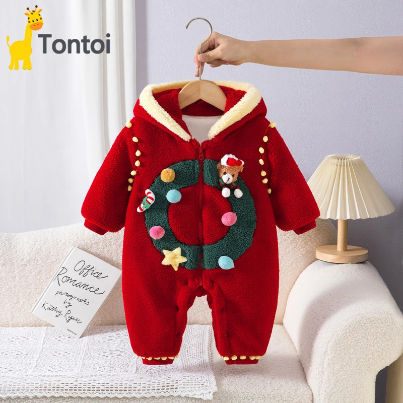童泰【断码】新生儿圣诞节连帽连体衣婴幼儿可爱蝴蝶结加绒爬服冬季