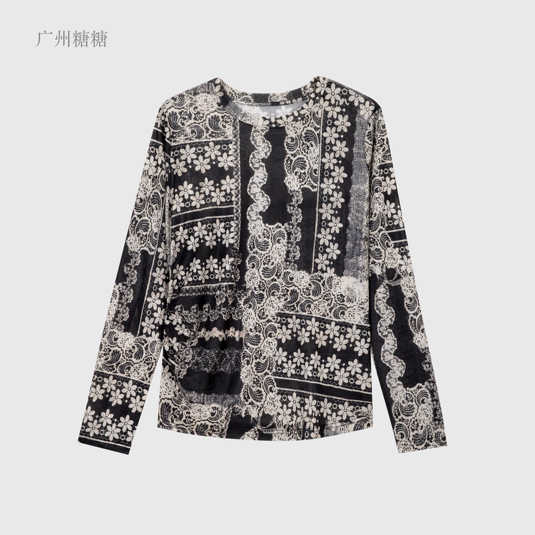 夏季新款120g轻薄印花网纱时尚休闲潮流圆领网纱长袖打底【6899】NN