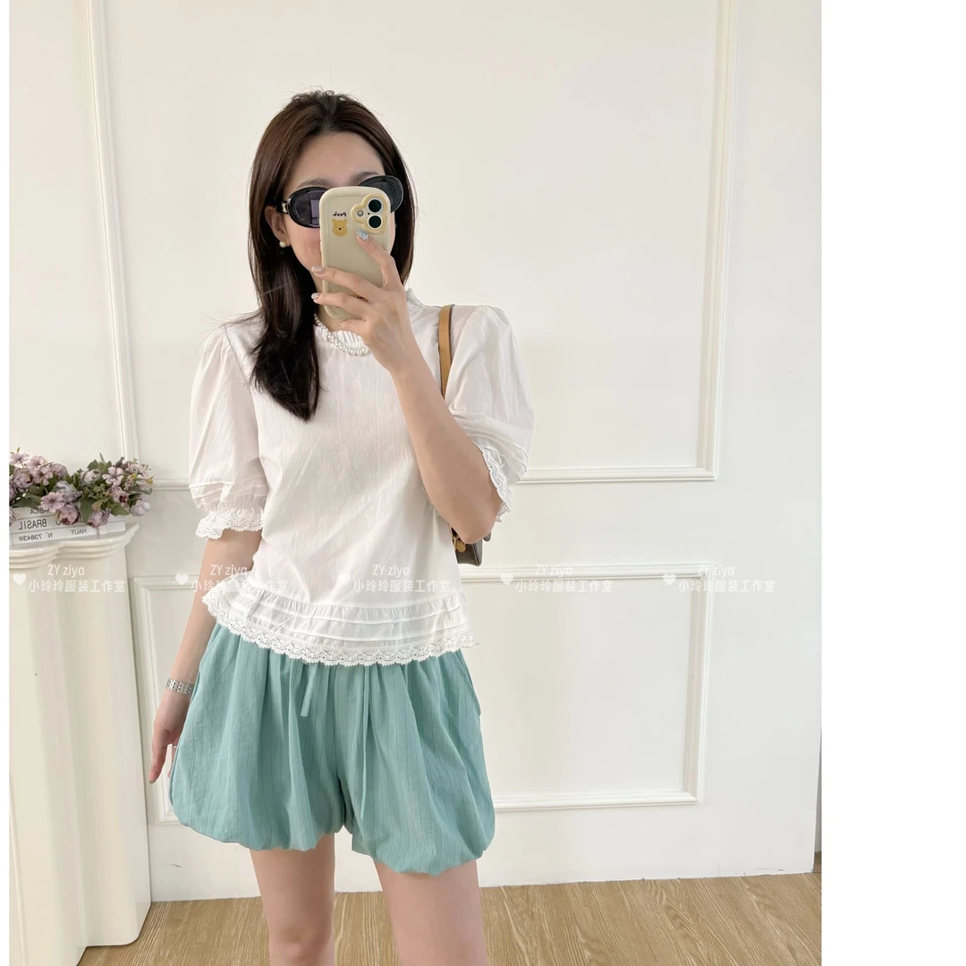 韩系条纹花苞短裤034