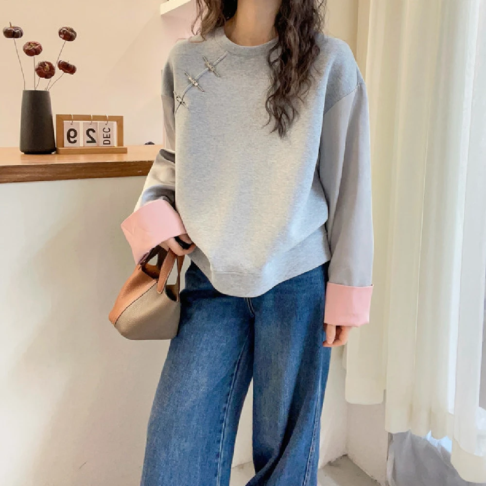 新中式国风拼接盘扣圆领长袖卫衣女秋冬新款宽松设计感休闲上衣潮