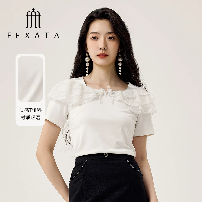 FEXATA斐格思2025夏季新品浪漫氛围感蕾丝花边时尚白色短袖T恤女