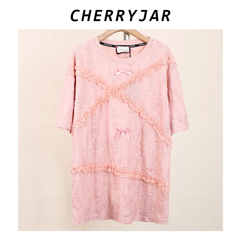 Cherryjar【25889】夏季新款蕾丝蝴蝶结磨破潮流短